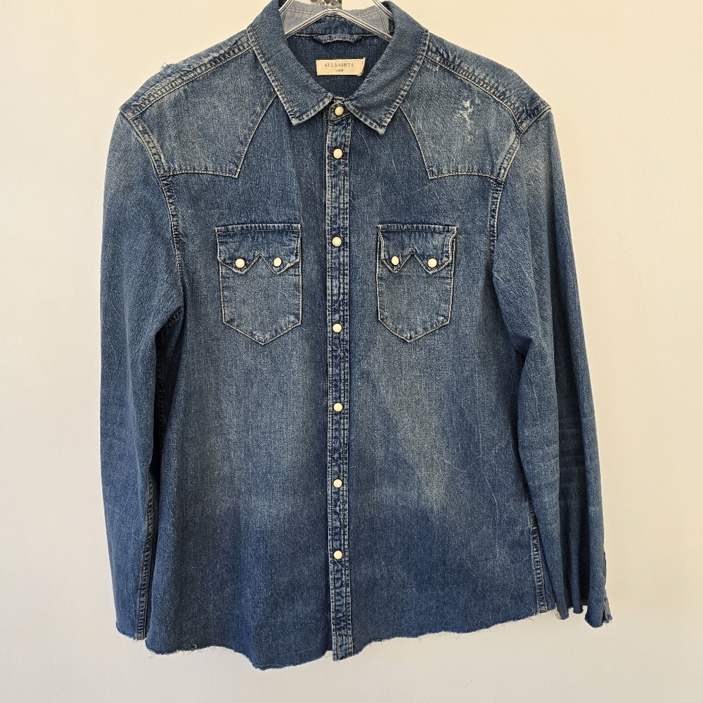 All Saints Men's Denim Long Sleeve Shirt Pearl Snap Raw Hem Large
